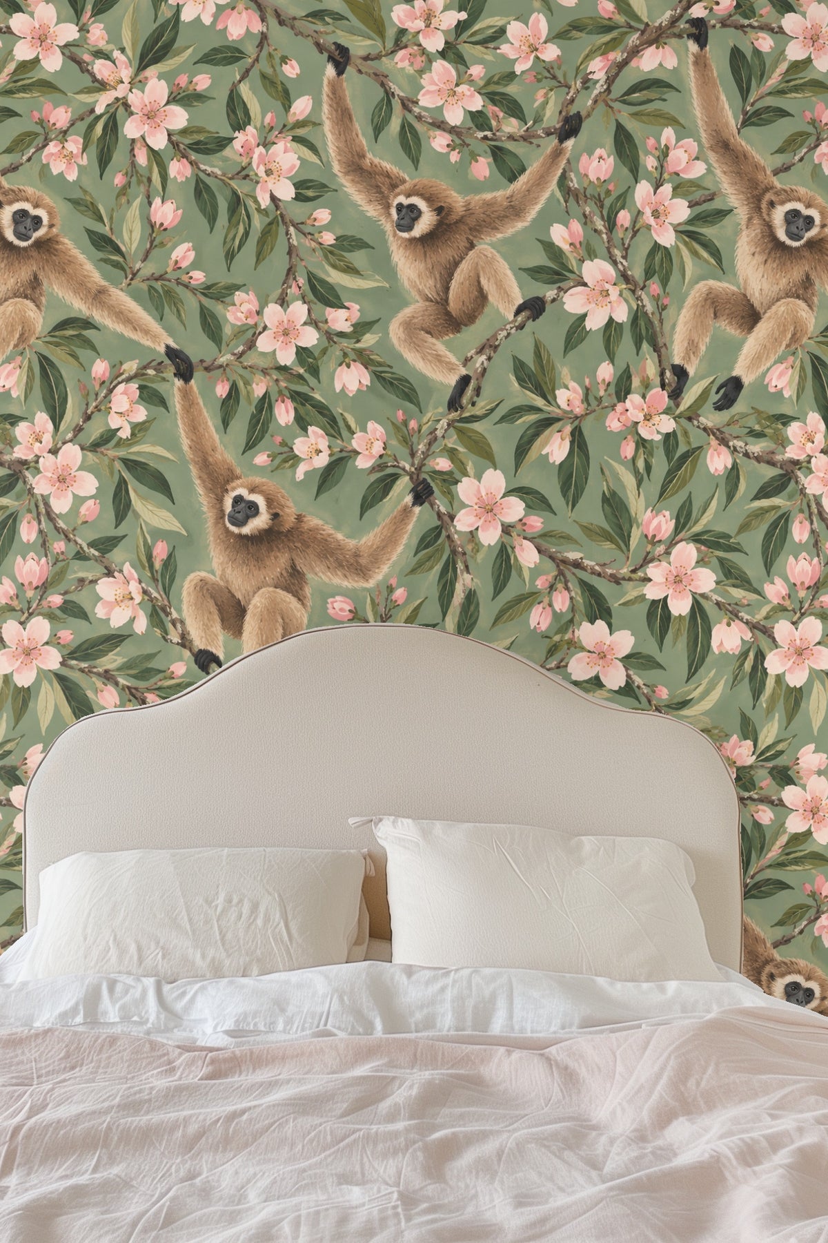 Full wallpaper repeat showing the playful positioning of gibbons across the wall surface