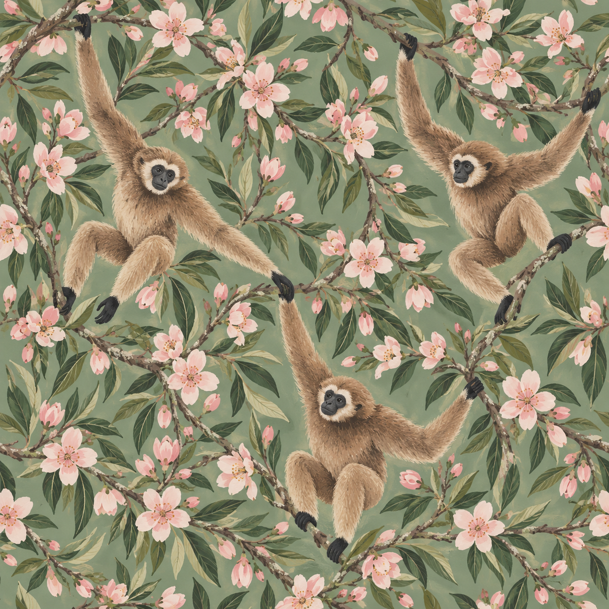 Artistic composition of almond flowers and gibbons in lively but elegant arrangement