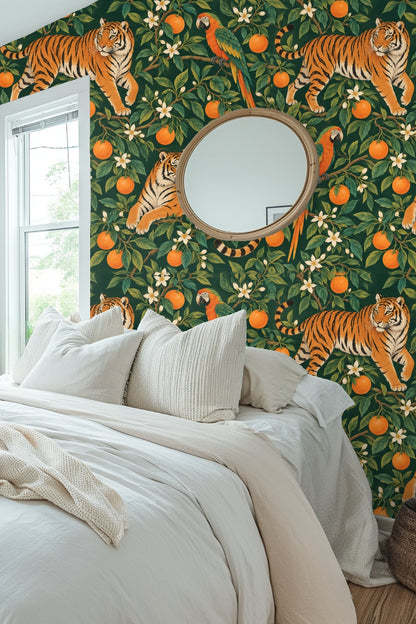 Tiger Grove artwork featuring vivid orange tigers on deep green