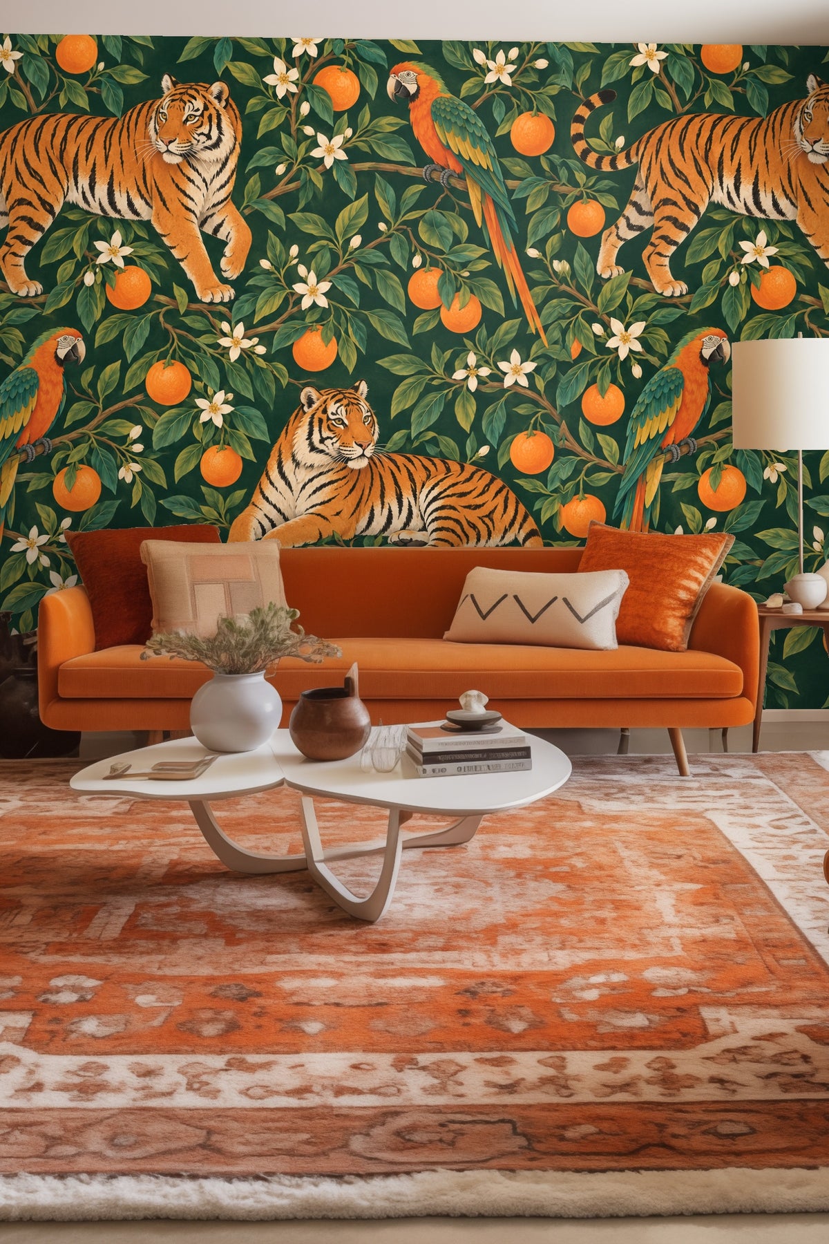 Close-up detail of Tiger Grove wallpaper showing tigers, parrots, and citrus branches