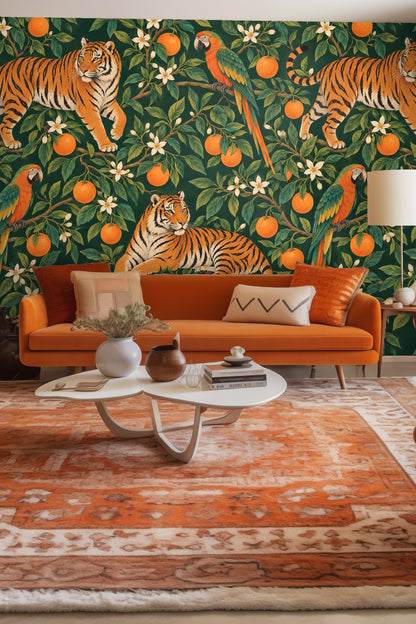 Close-up detail of Tiger Grove wallpaper showing tigers, parrots, and citrus branches