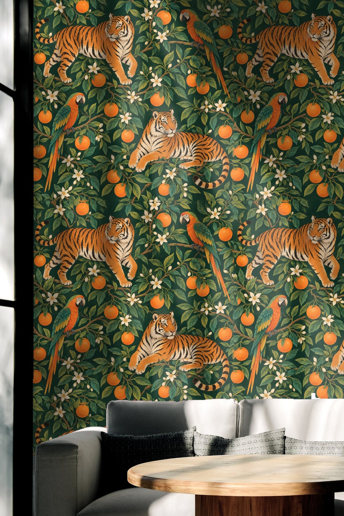 Close detail of foliage leaves and flower buds in the wallpaper