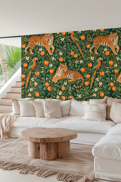 Tiger Grove wallpaper showcasing large tiger walking among orange trees
