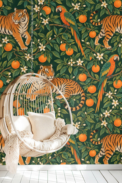 Pattern repeat showing two tigers and multiple orange fruits