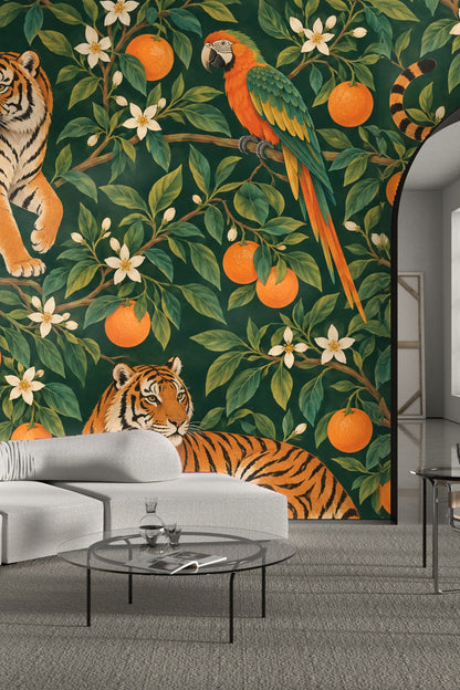 Side view of Tiger Grove wallpaper in a well-lit interior