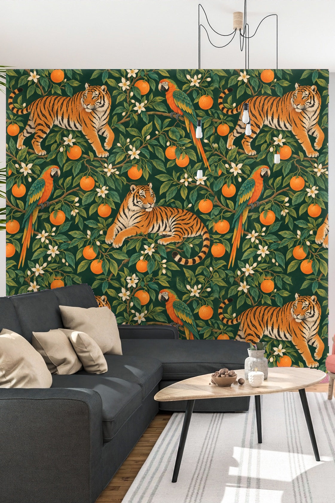 Colorful parrot perched on citrus branch from the wallpaper design