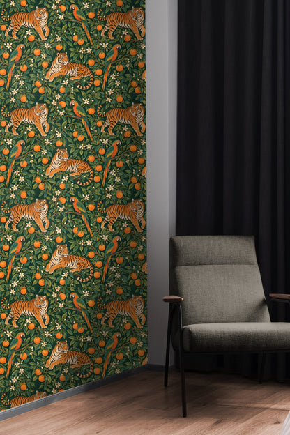Bedroom with Tiger Grove wallpaper behind a peach velvet headboard and white bedding