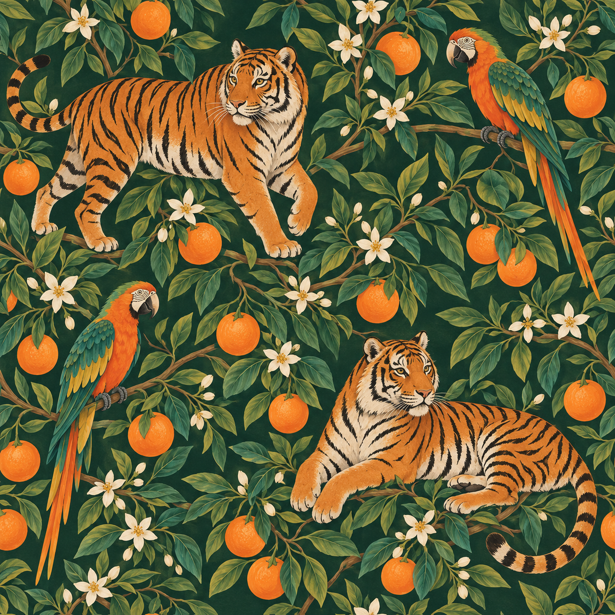 Orchard flowers and leaves framing the wildlife in the wallpaper