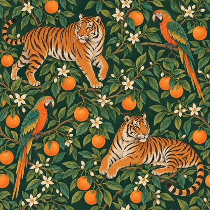 Orchard flowers and leaves framing the wildlife in the wallpaper