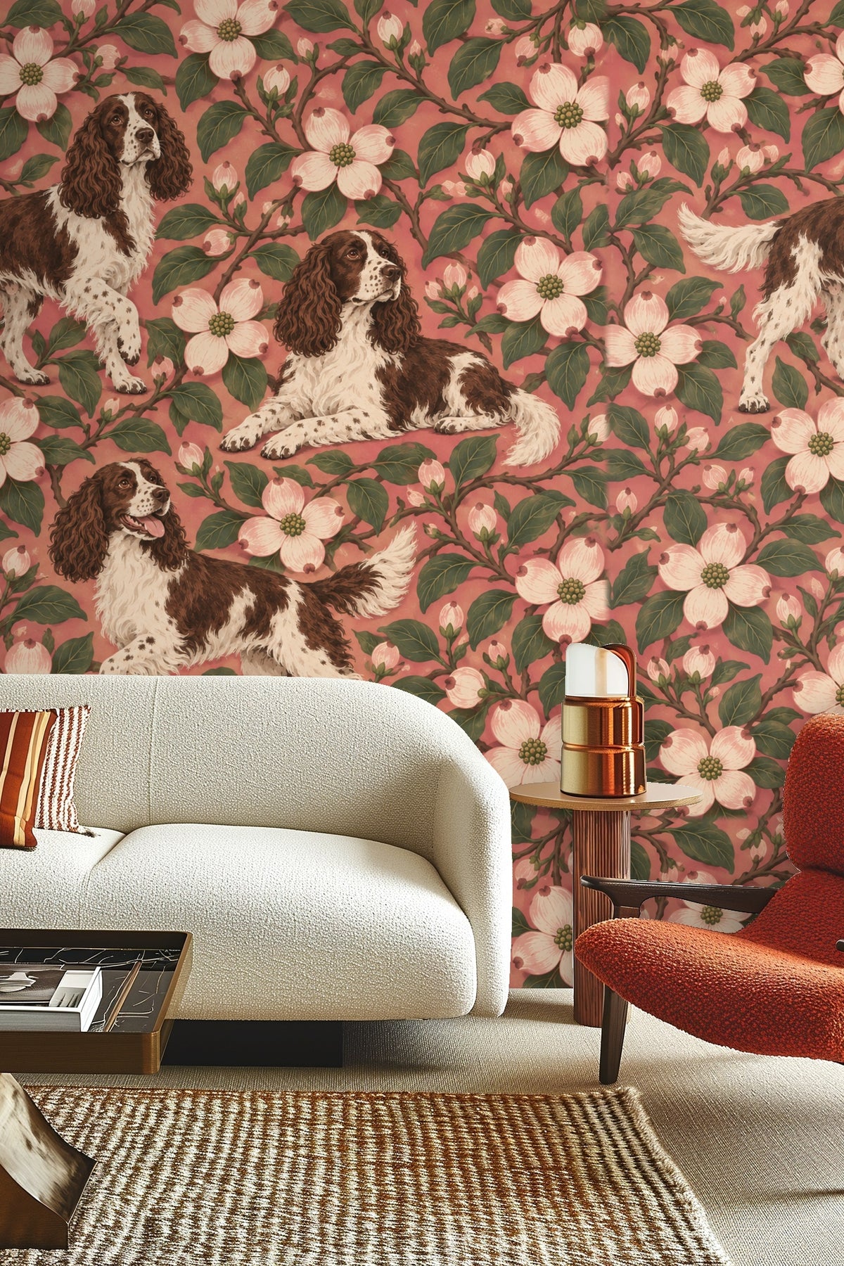 Rosy Dogwood Spaniels wallpaper shown in an interior setting