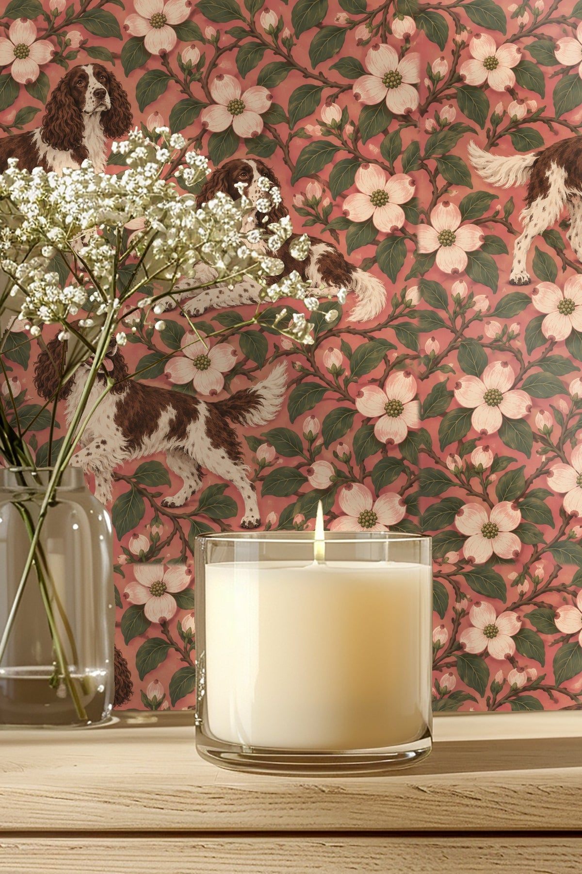 Wallpaper artwork showing three springer spaniels among dogwood flowers on a rose pink background