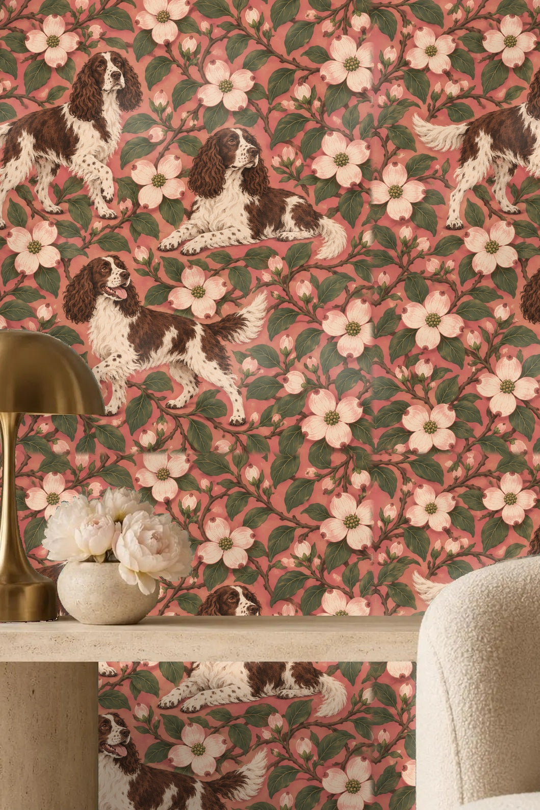 Rosy Dogwood Spaniels wallpaper shown in an interior setting