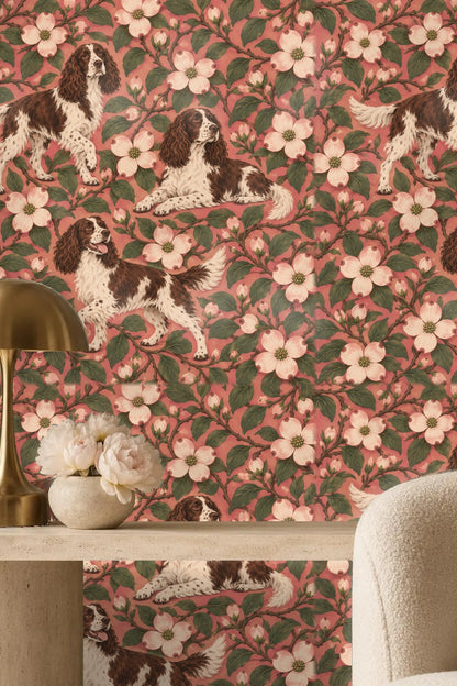 Rosy Dogwood Spaniels wallpaper shown in an interior setting