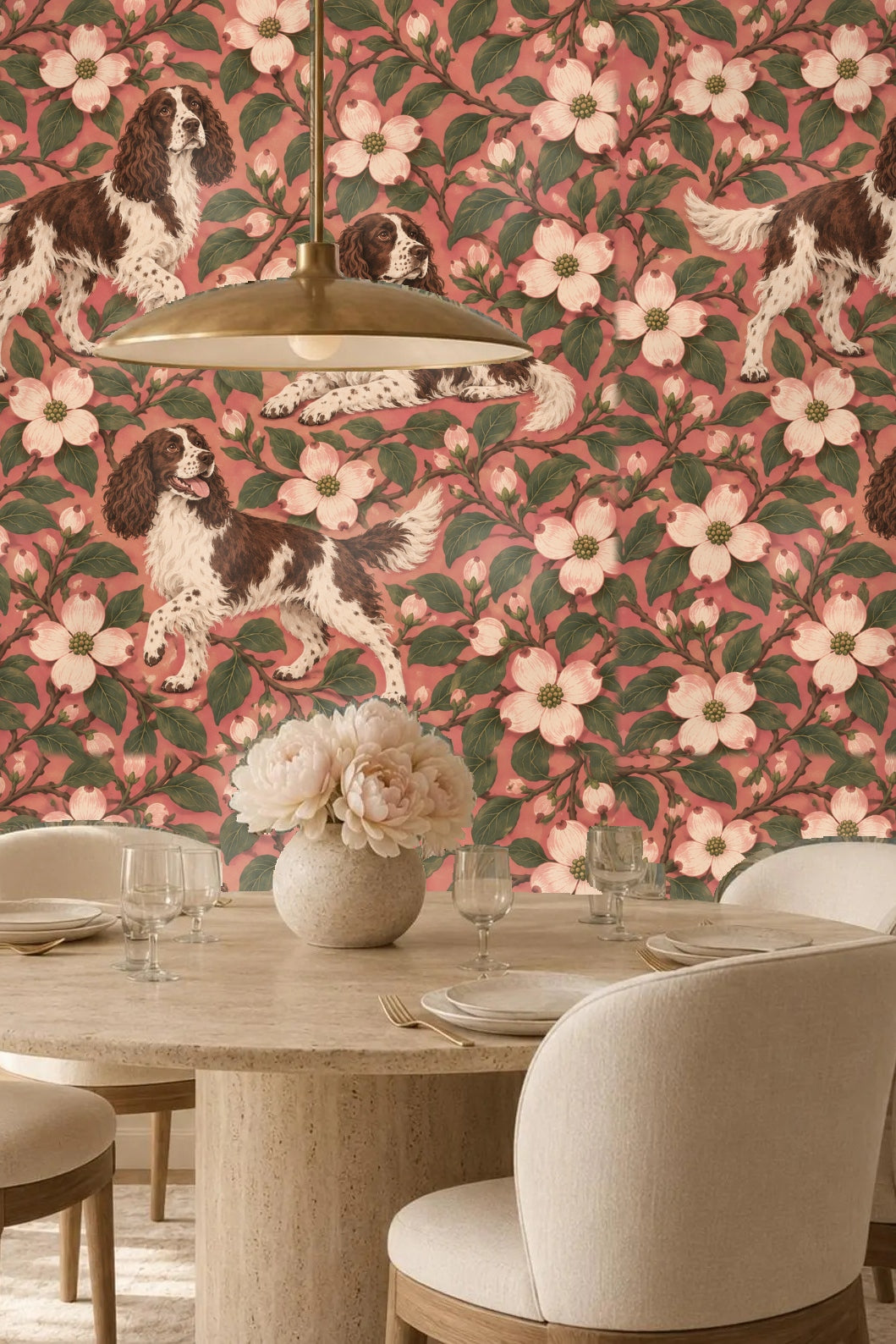 Rosy Dogwood Spaniels wallpaper shown in an interior setting