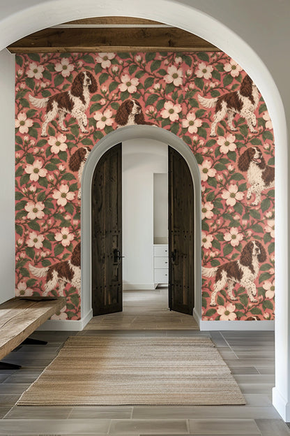Rosy Dogwood Spaniels wallpaper shown in an interior setting
