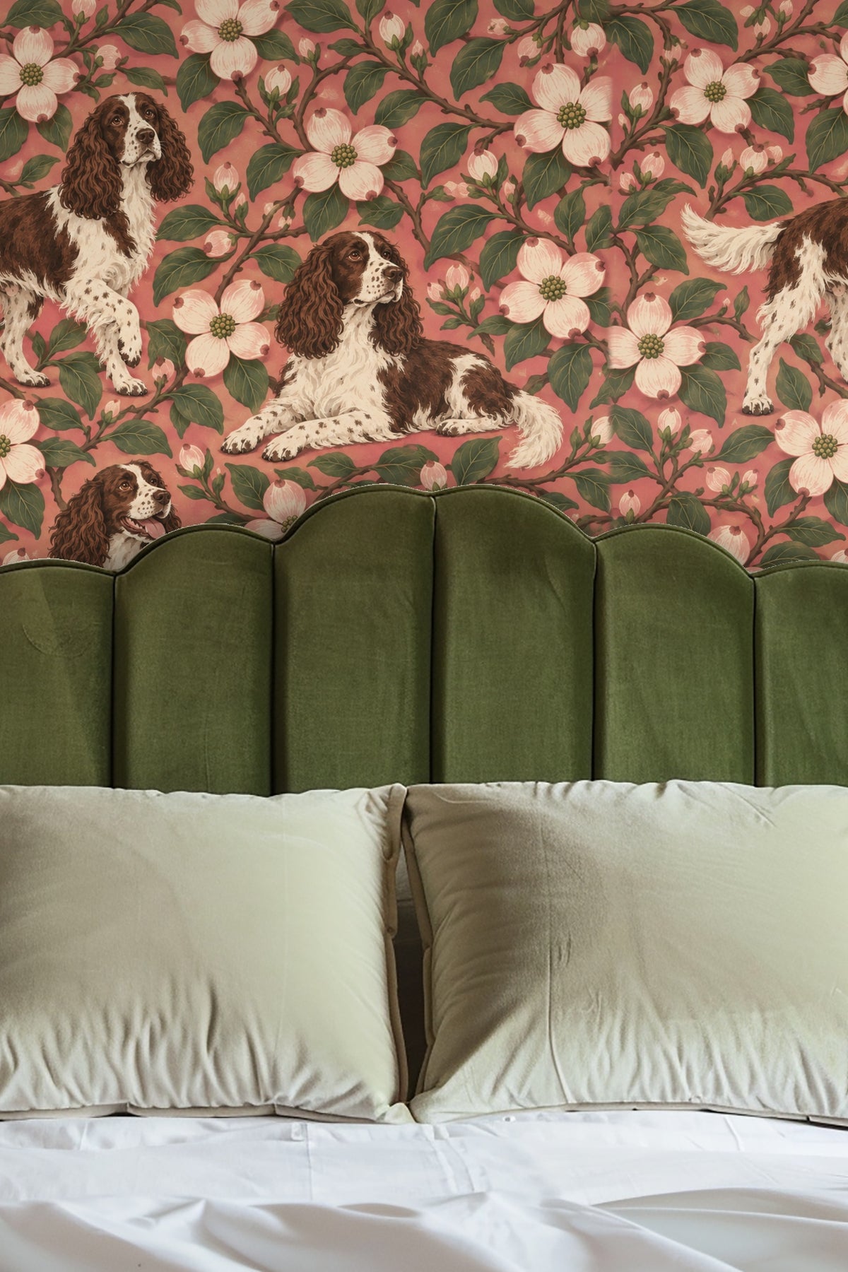 Rosy Dogwood Spaniels wallpaper shown in an interior setting