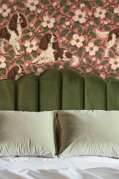 Rosy Dogwood Spaniels wallpaper shown in an interior setting