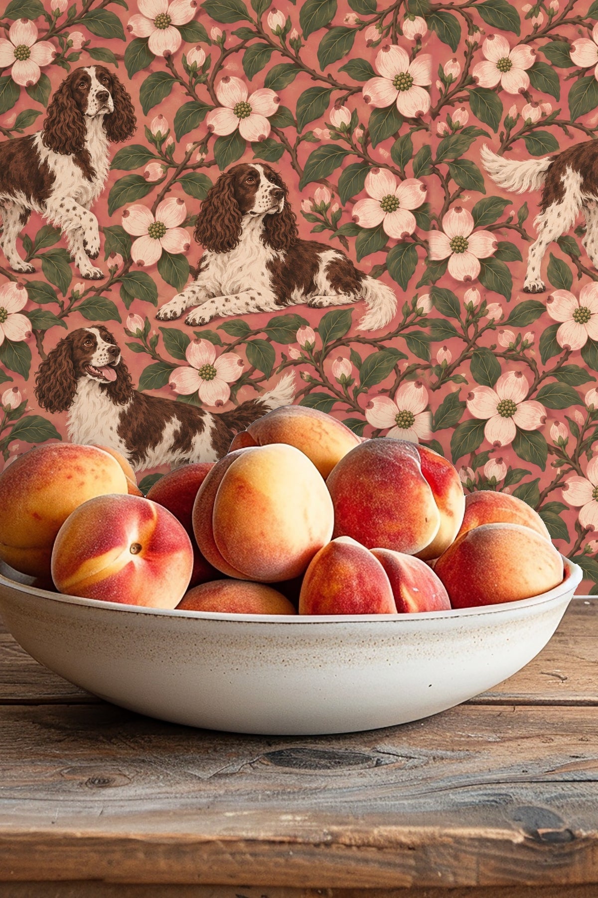 Rosy Dogwood Spaniels wallpaper shown in an interior setting