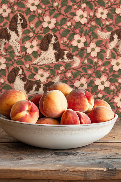 Rosy Dogwood Spaniels wallpaper shown in an interior setting
