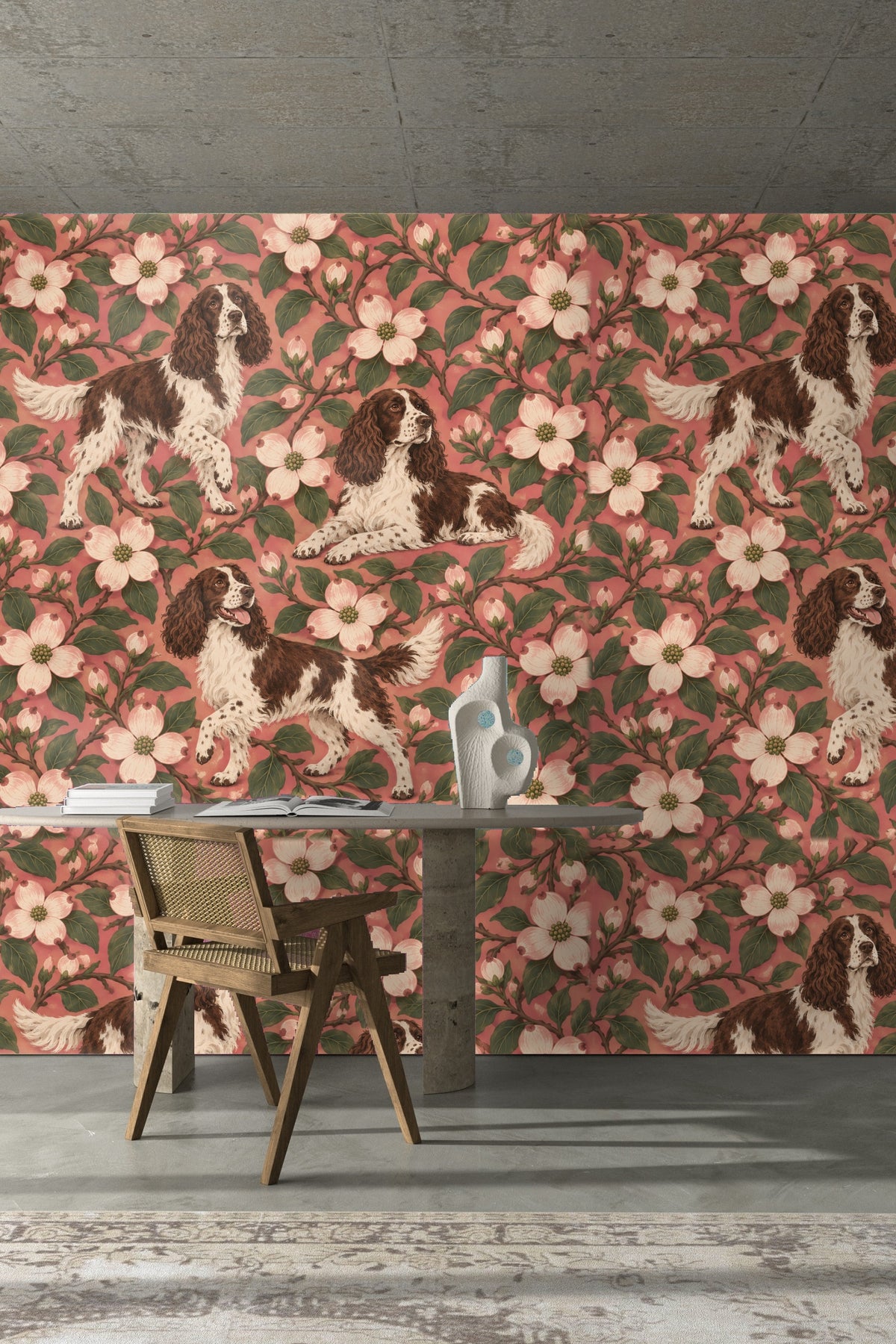 Rosy Dogwood Spaniels wallpaper shown in an interior setting