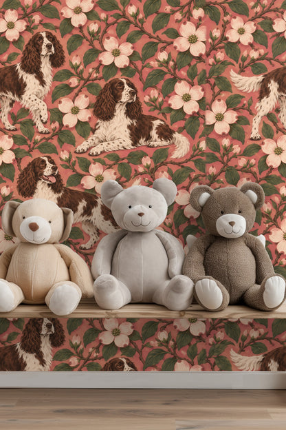 Rosy Dogwood Spaniels wallpaper shown in an interior setting