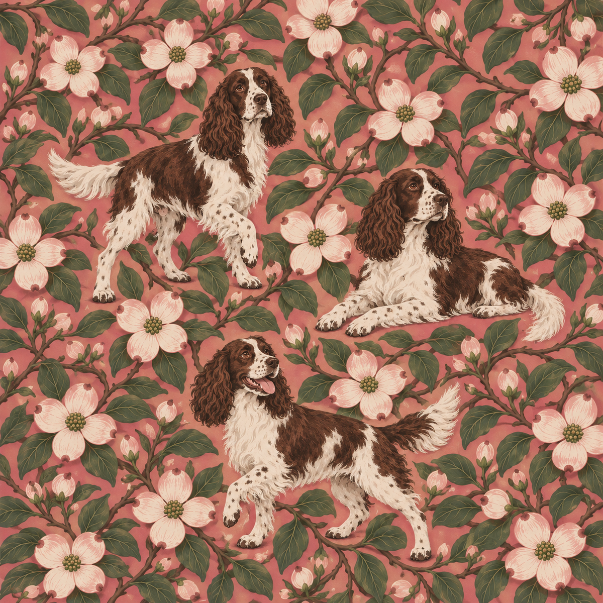 Rosy Dogwood Spaniels wallpaper shown in an interior setting