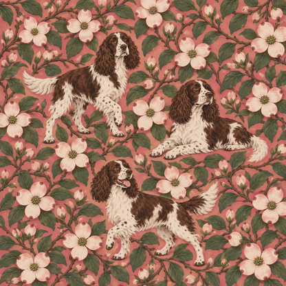 Rosy Dogwood Spaniels wallpaper shown in an interior setting