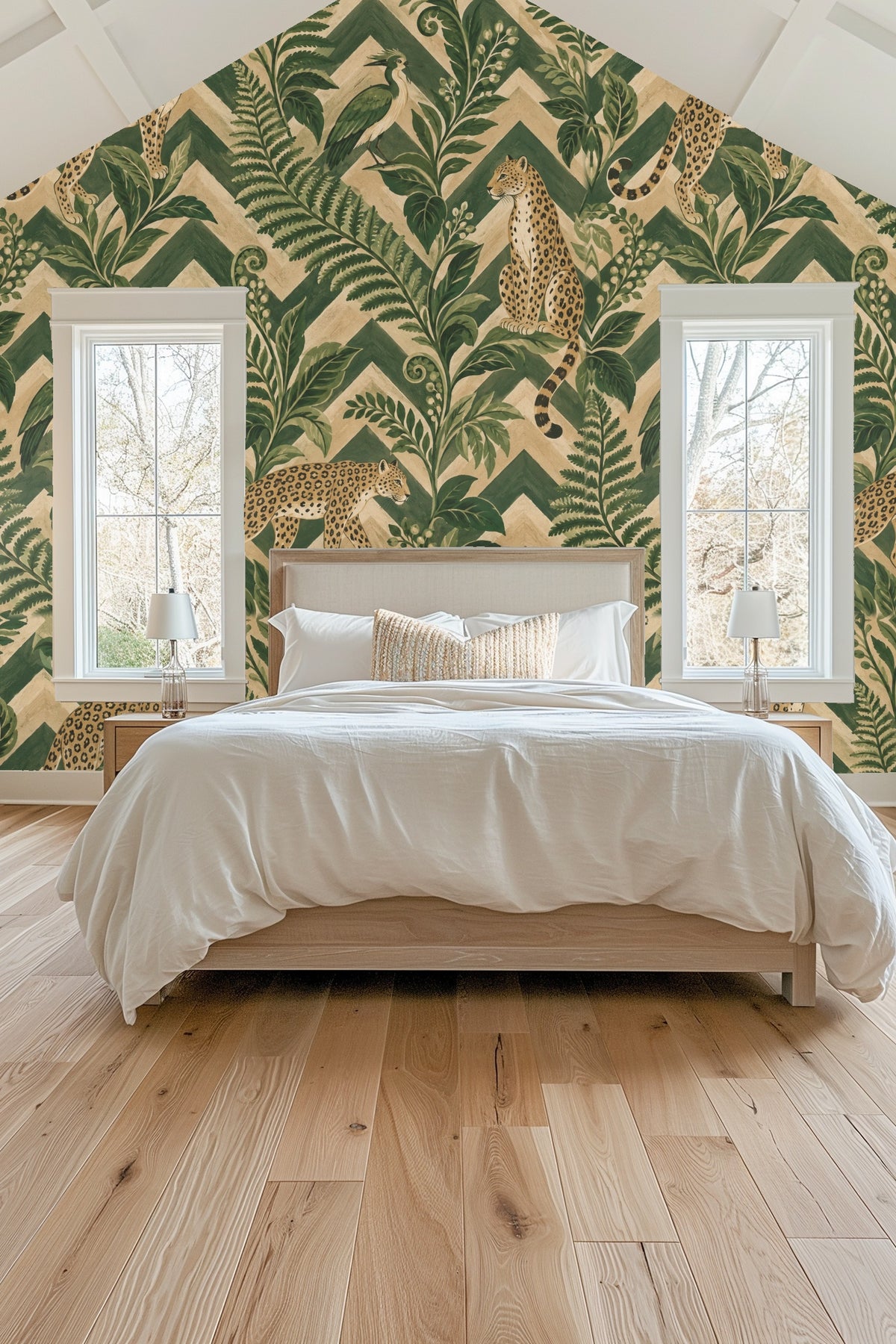 Close-up shot of wallpaper pattern featuring a seated leopard among large green ferns and zigzag background.