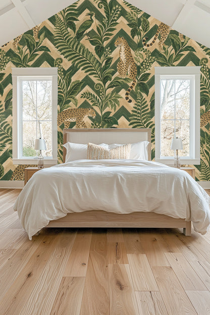 Close-up shot of wallpaper pattern featuring a seated leopard among large green ferns and zigzag background.