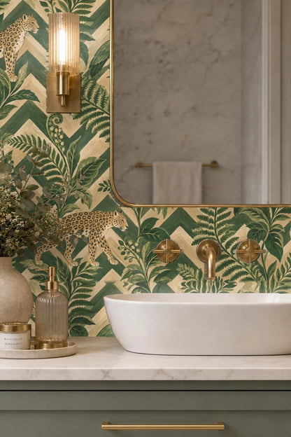 Interior entryway wall with zigzag fern and leopard wallpaper behind beige wooden console and white framed artwork.