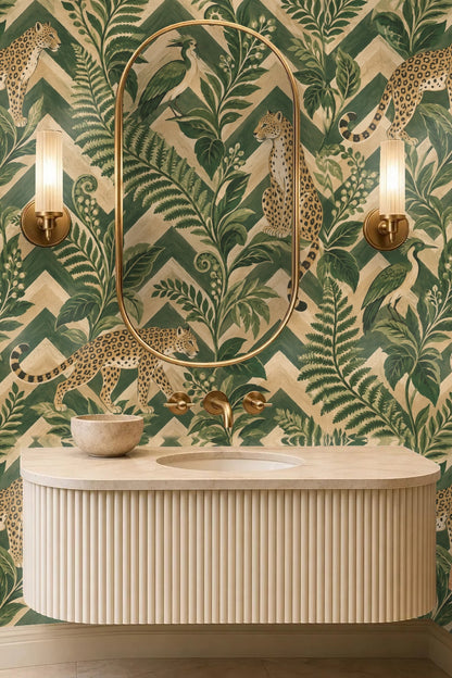 Full wallpaper repeat showing leopard, birds and zigzag juxtaposition with foliage.
