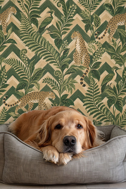 Pattern detail featuring a crested bird standing on a leaf.