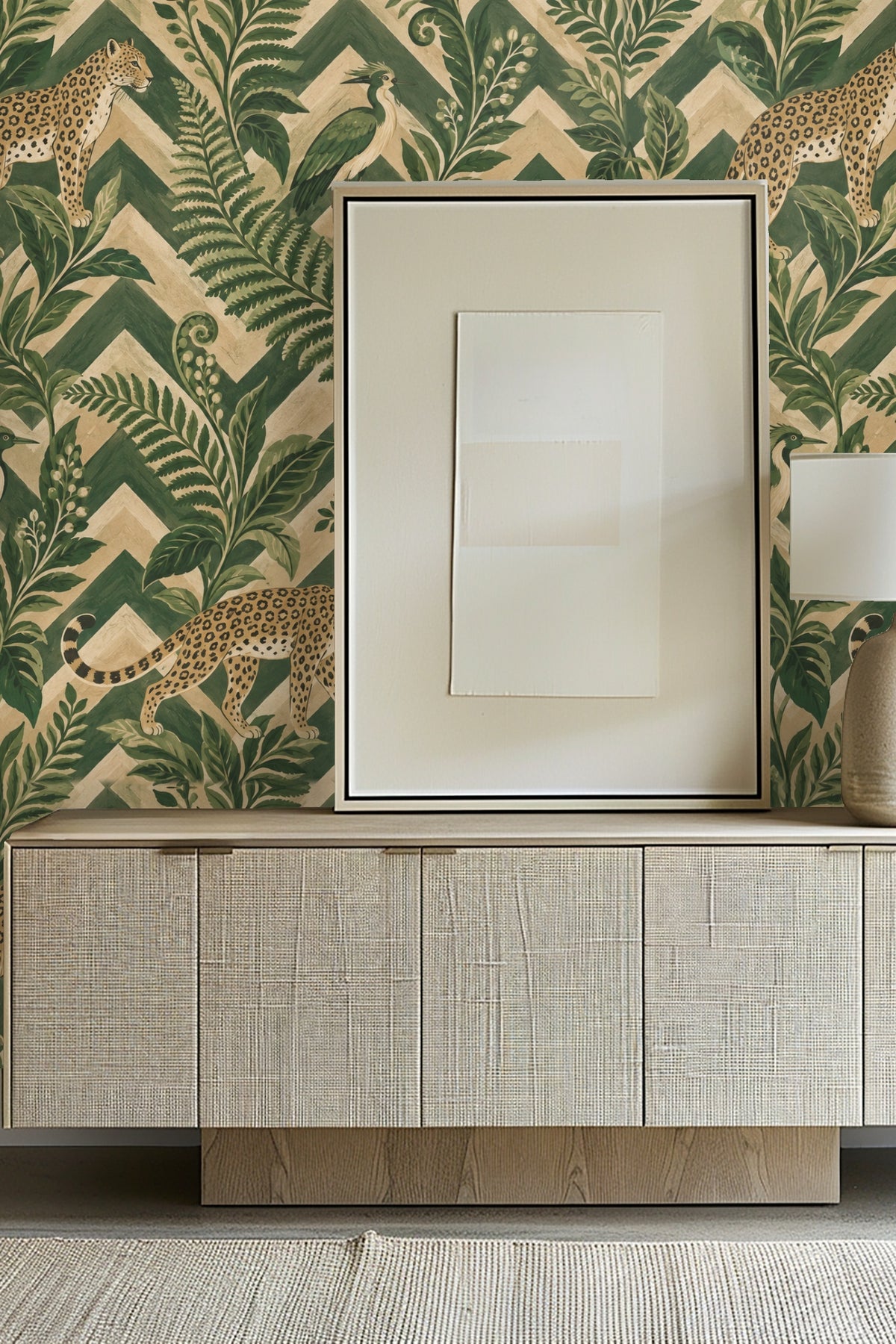 Wallpaper artwork detail showing leopards, birds, ferns and zigzag shapes in green and tan.