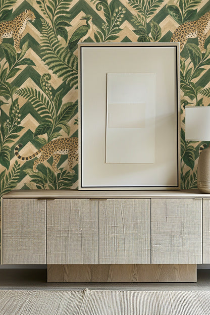 Wallpaper artwork detail showing leopards, birds, ferns and zigzag shapes in green and tan.