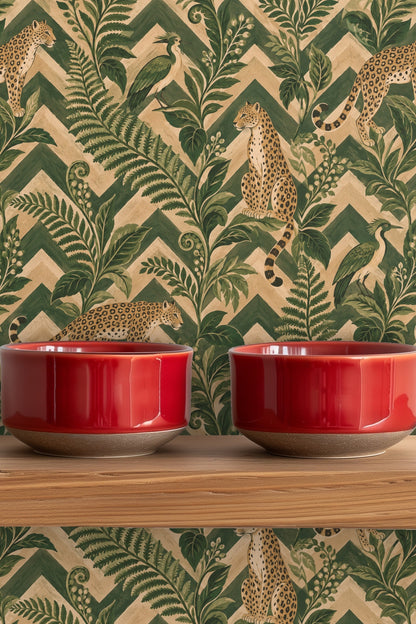 Large green fern fronds curling and dotted buds shown in wallpaper artwork.