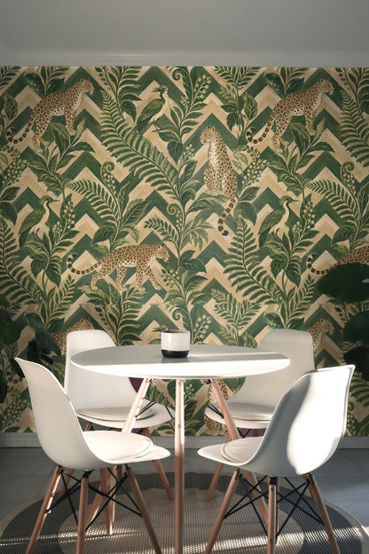 Entryway vignette highlighting the vibrant wallpaper with textured wood console and minimal decor.