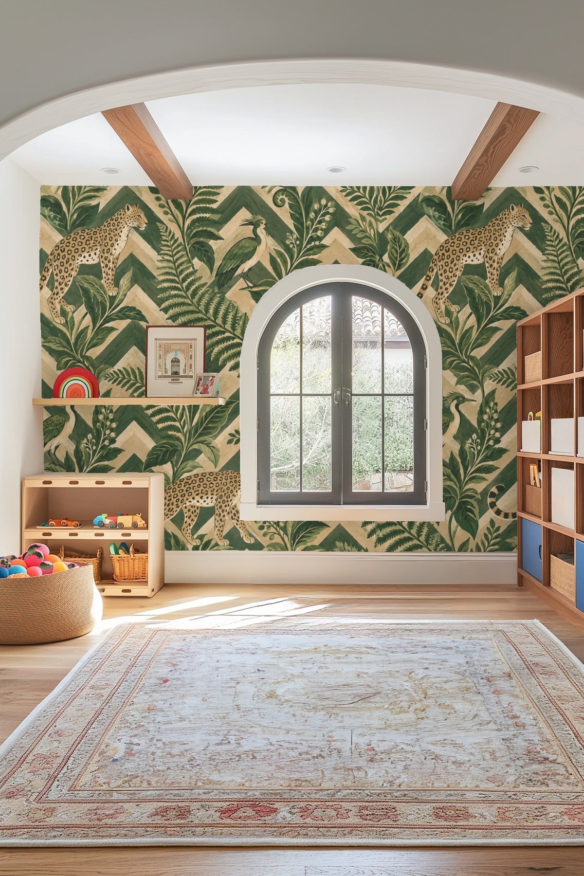 Bird perched amid tropical leaves and zigzag backdrop in the wallpaper artwork.
