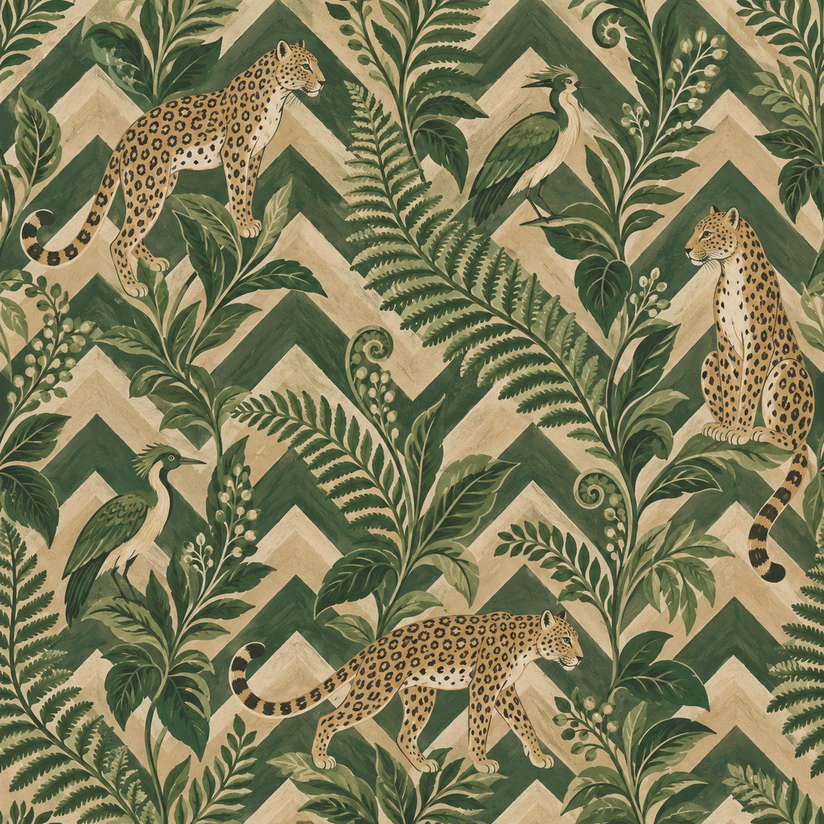 Section of wallpaper showing layered fern leaves, buds, and geometric zigzag backdrop.