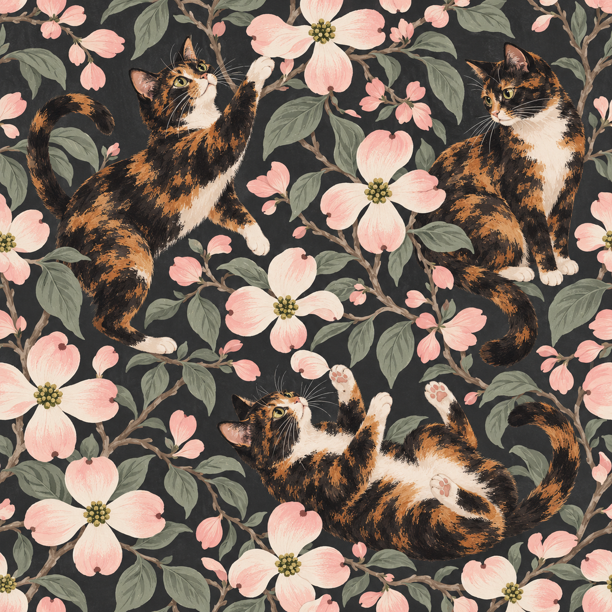 Natural light falling on dogwood and calico cat wallpaper in a neutral-toned bedroom.