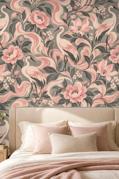 Close-up of Rosewater Crane Flow wallpaper pattern featuring pink cranes and large peony flowers