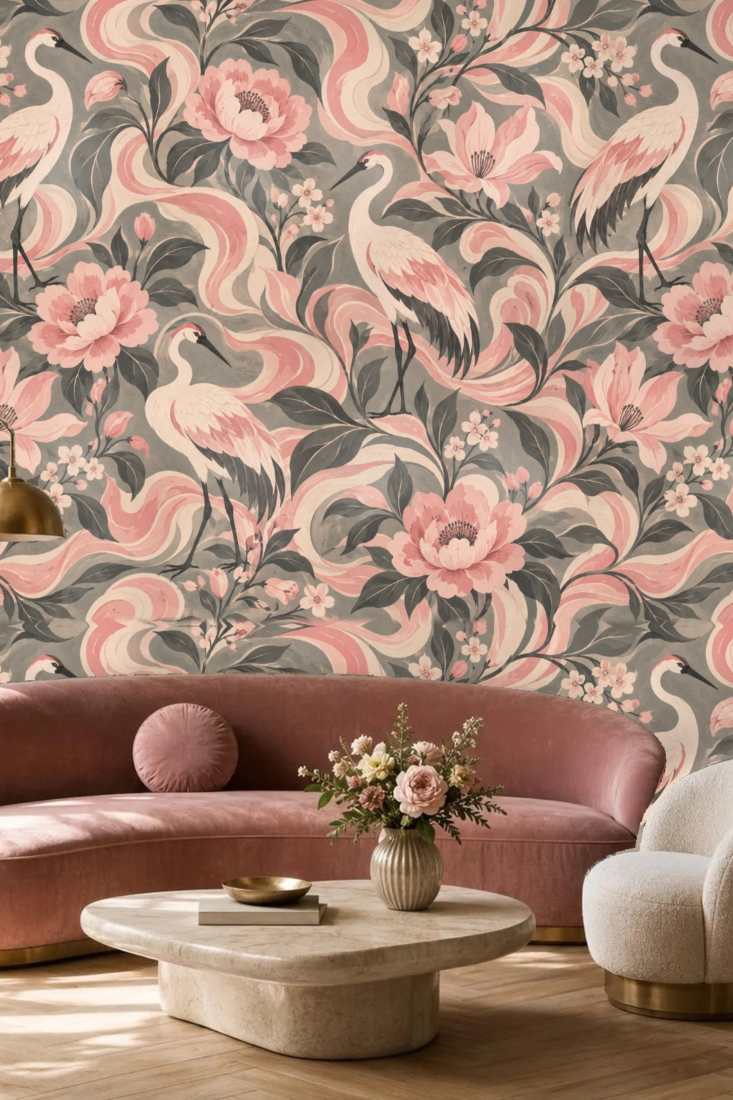 Stylized cherry blossom branches with tiny pink flowers framing tall cranes on wallpaper