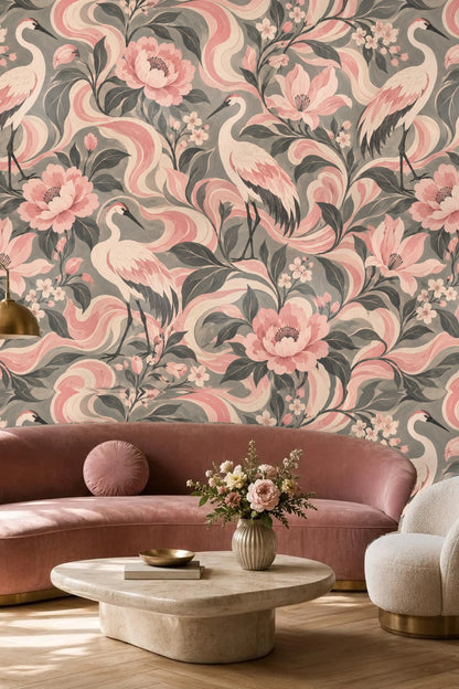 Stylized cherry blossom branches with tiny pink flowers framing tall cranes on wallpaper