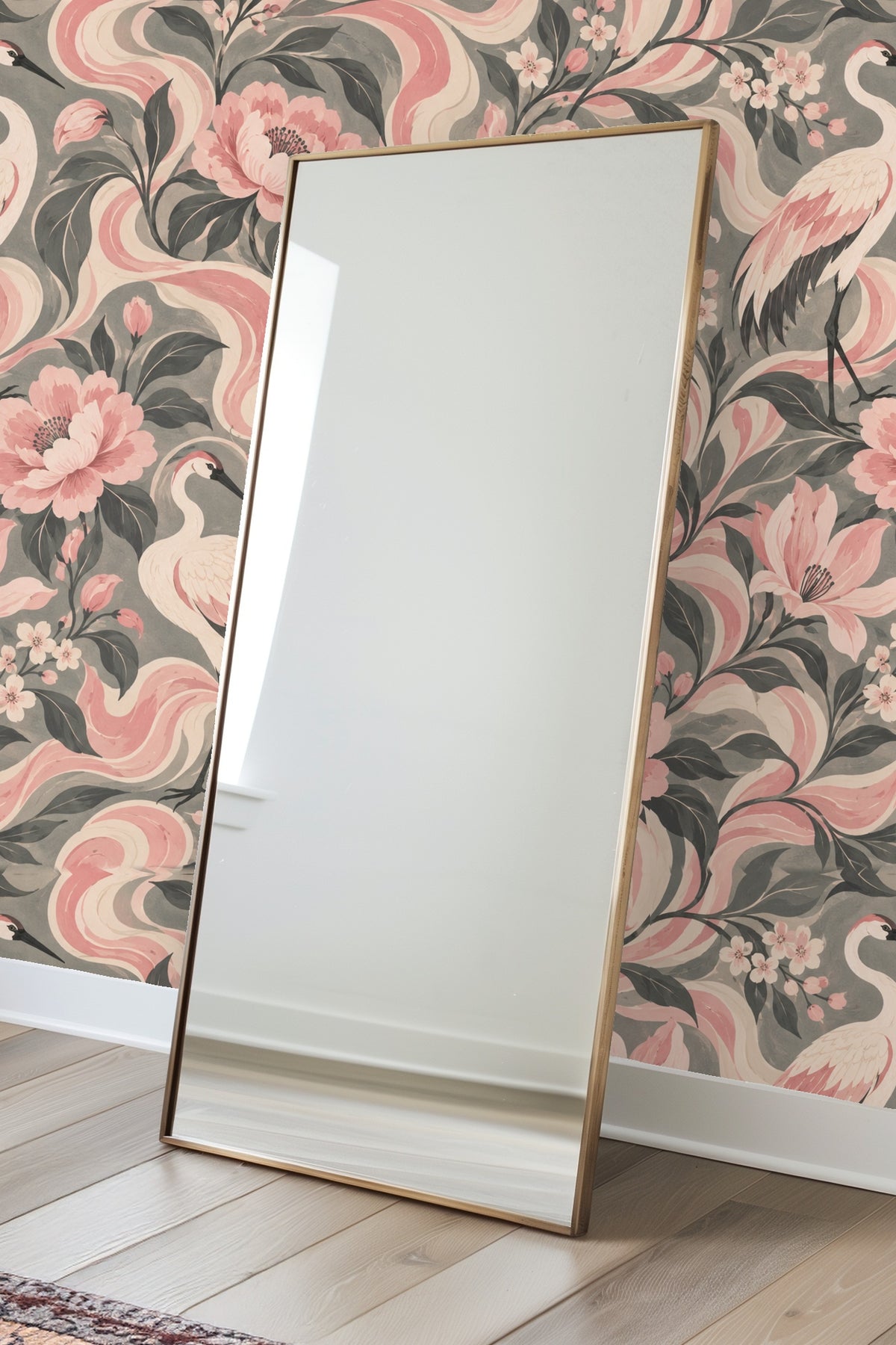 Muted green leaves and pink blossoms interwoven with graceful cranes in wallpaper design