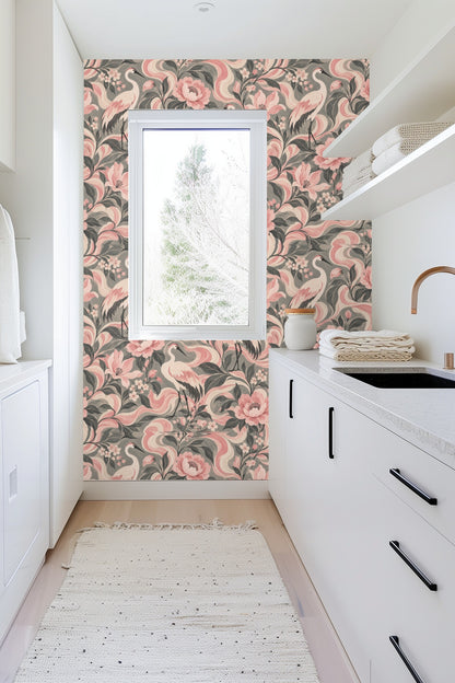 Large beautifully detailed pink peonies surrounded by grayish-green leaves on wallpaper
