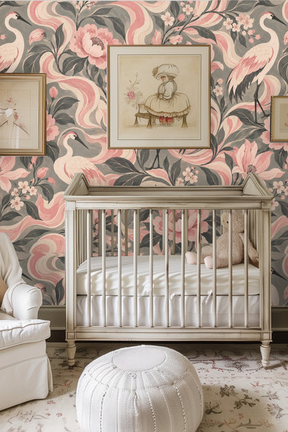 Living room corner with Rosewater Crane Flow wallpaper highlighting the flowing lines and blush botanical elements behind a wooden table and