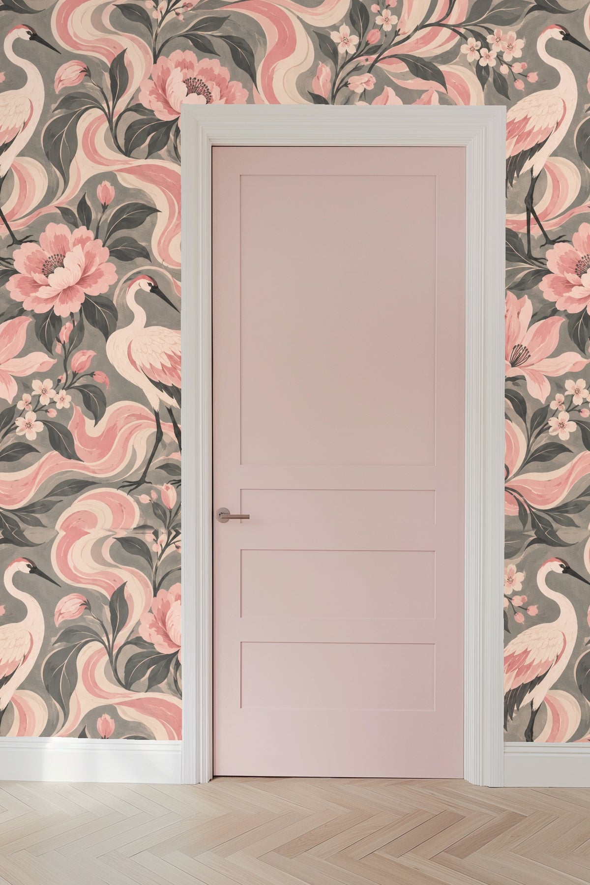 Large magnolia-like flower in pale pink accented by gray leaves and subtle shading on wallpaper