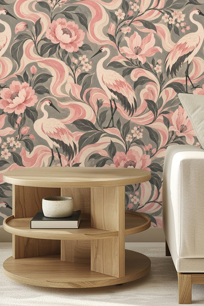 Bedroom wall covered in Rosewater Crane Flow wallpaper showing elegant pink crane and floral motifs behind a neutral bed