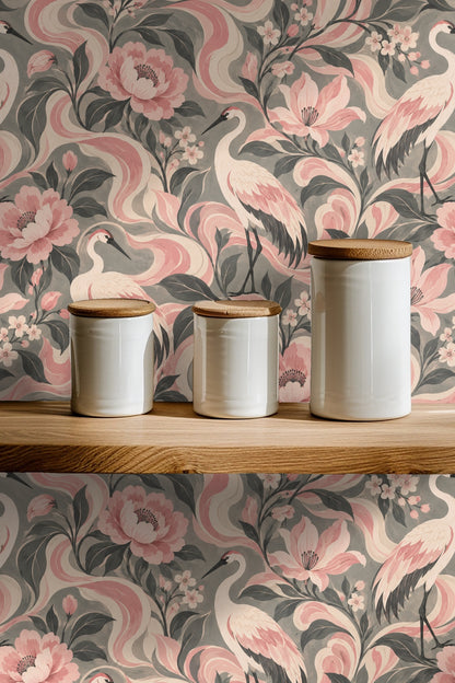 Elegant standing crane with pink and gray feathers and a smooth curved neck in wallpaper pattern
