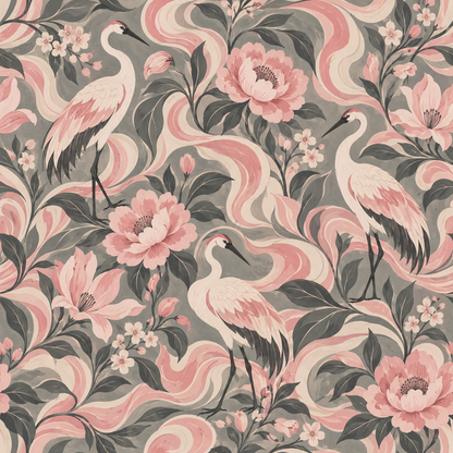 Pattern repeat detail showing the elegant composition of cranes alternating with blossoms and swirling botanical forms