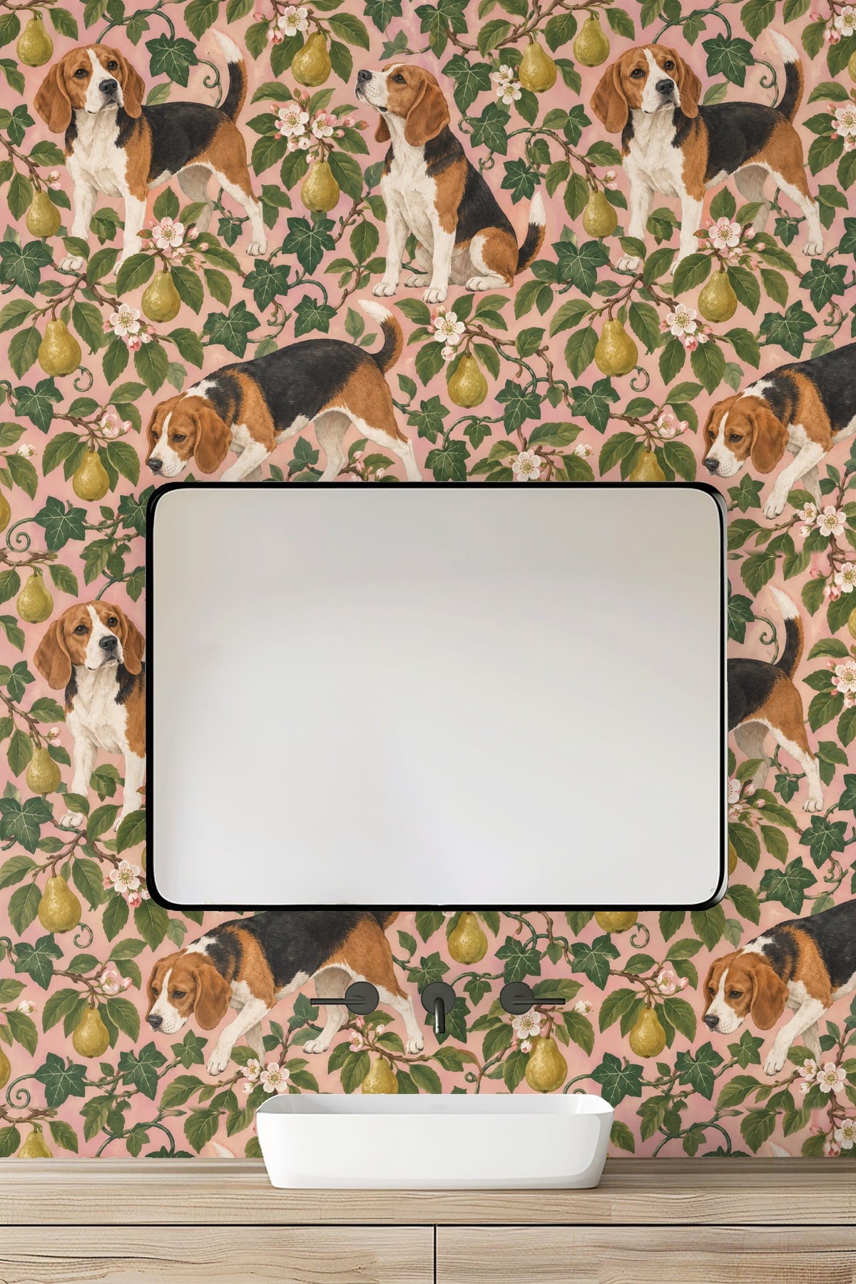 Pear tree branches with hanging fruit and white blossoms intertwined with beagle dogs on wallpaper.